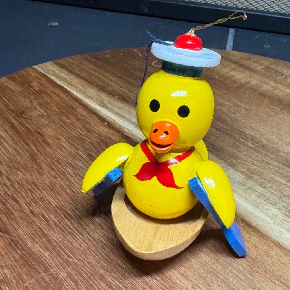 Vintage Wooden Duck Sailor Ornament Rowing Boat Nautical Hand Painted Yellow Oar